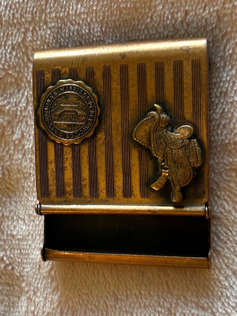Vintage souvenir match safe Ramona’s Marriage Place San Diego Cal crest & saddle